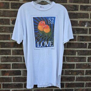 VTG 90s Love Birds Tropical Parrots US Postage Stamp White T-Shirt Retro